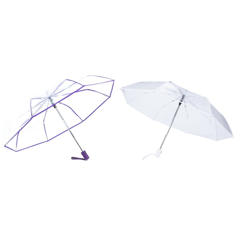 2 Pcs Transparent Umbrella Automatic Umbrella Rain-Transparent+Purple Border & Transparent+White Border