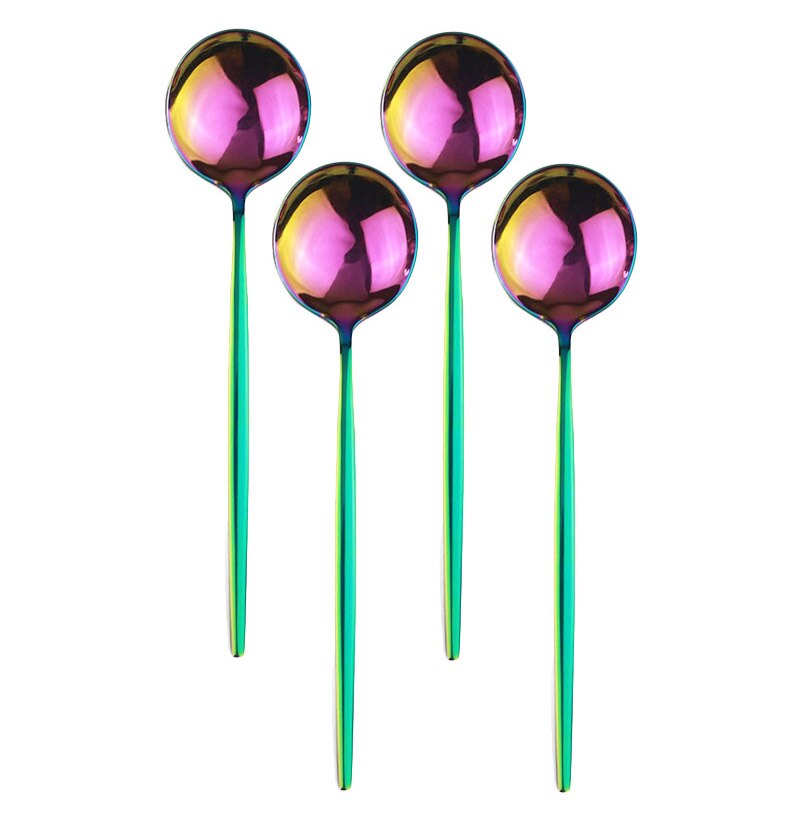 4Pcs Rosa Gold Geschirr Besteck Dessert Löffel Set Lange Griff Spiegel Löffel Besteck Küche Zubehör 304 Edelstahl: Rainbow