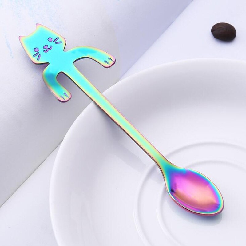 Mini Coffee Spoon Tea Spoon 304 Stainless Steel Kitty Cat Gold Teaspoon Tableware Dessert Long Spoon Handle Dinnerware: Y107-7 / Long