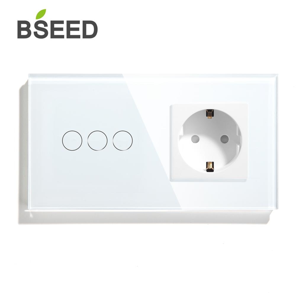 BSEED 3 Gang 1 Way 2 Way Touch Light Switch With EU Wall Socket White Black Gold Wall Sensor Switch Crystal Glass Panel 3 Colors