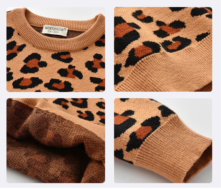 Höst bebis pojke tjejer stickade leopardmönster tröjor vinter varm ull pullover långärmad söta höstkläder 1-6 år
