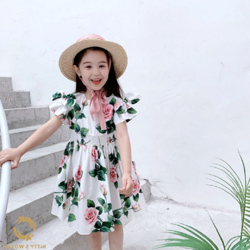 Di modo di Nuovo Vestito Da Estate Della Ragazza Fata Rosa Fiori Principessa Abiti di Compleanno Del Bambino Del Bambino Abiti Vestiti 2-8age: WHITE / 7T