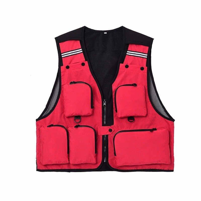 Fly Fishing Vest Mesh Jacket Men Sleeveless Photography Waistcoat Outdoor Premium Gear Packs and Life Vests for Fly Fishing Male: Red / L