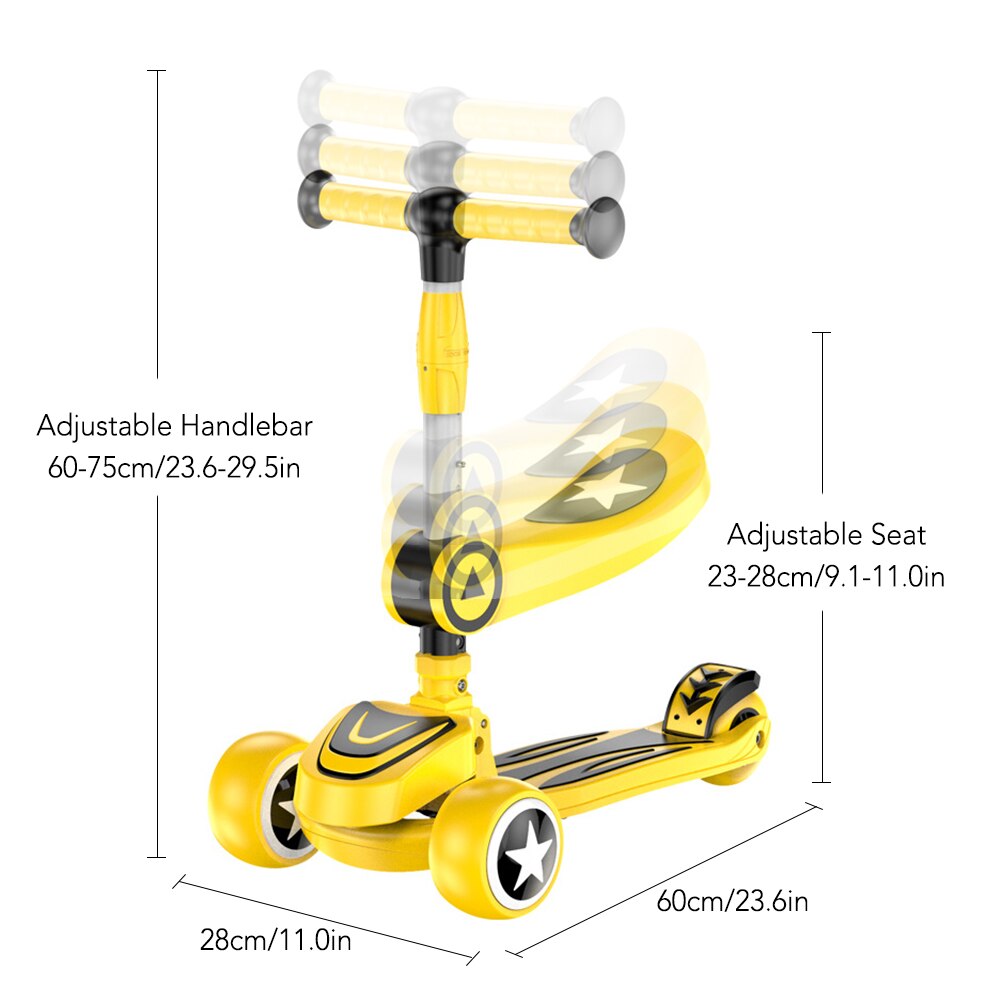 Three Wheeled Scooter 3 in 1 Kick Scooter Sport Scooter With Adjustable Height Seat Handlebar for Kids Toddler Age 1-10