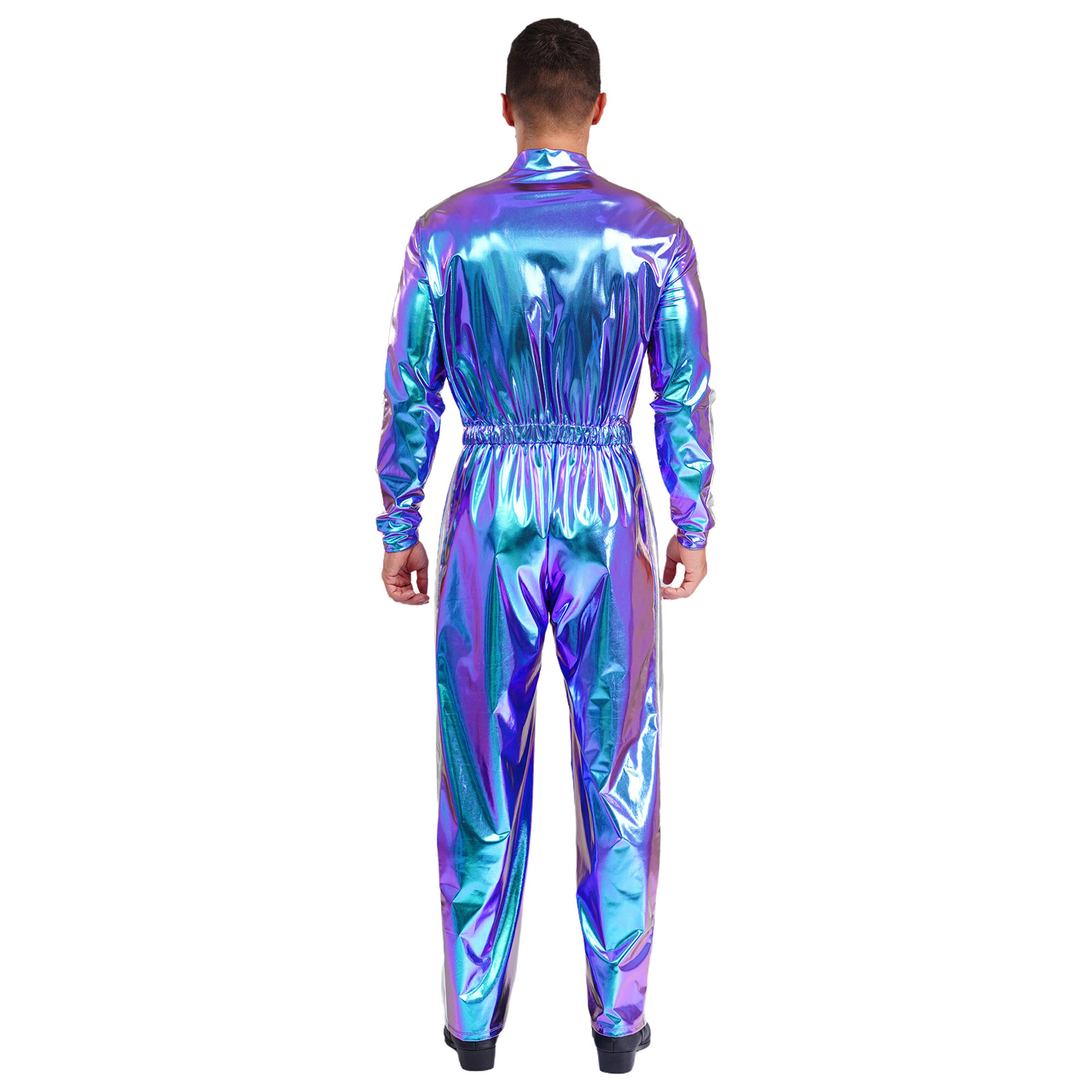Mens Sparkly Shiny Astronaut Alien Outer Space Cosplay Costume Long Sleeves Unitards Jumpsuit Rave Club Wear Spaceman Outfits