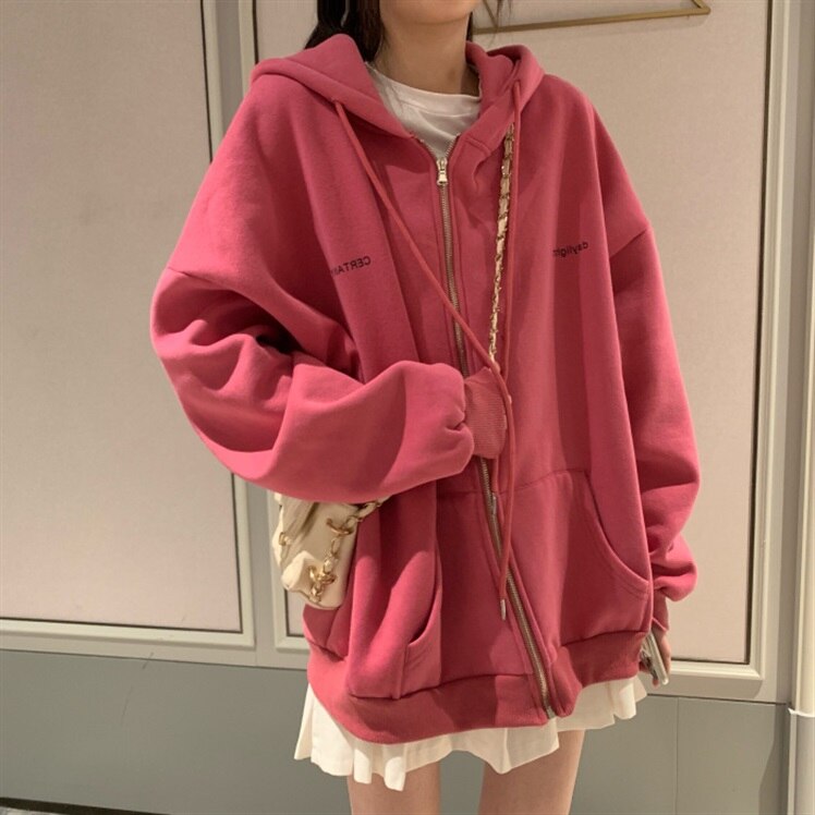 Sudaderas con capucha de las mujeres carta Oversize con capucha prendas de vestir exteriores Zip-adolescentes otoño Ins Popular cremallera estilo coreano de mujer diario básico Simple: rosy / M