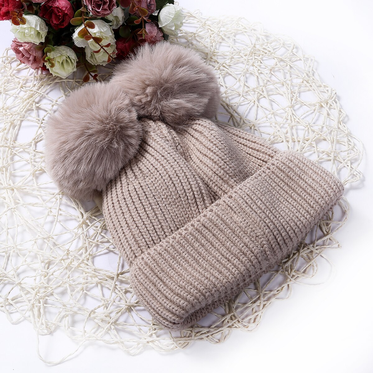 Wintermuts met dubbele pompon, peutermuts, kindermuts met pompon, babymuts met slouchy gebreide muts, wintermuts met pompon