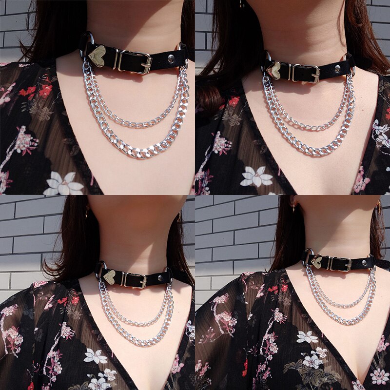 Love Punk Harajuku heart Collar Chain Choker Necklace PU Leather Choker Punk Goth 100% Handmade round Neck Jewelry