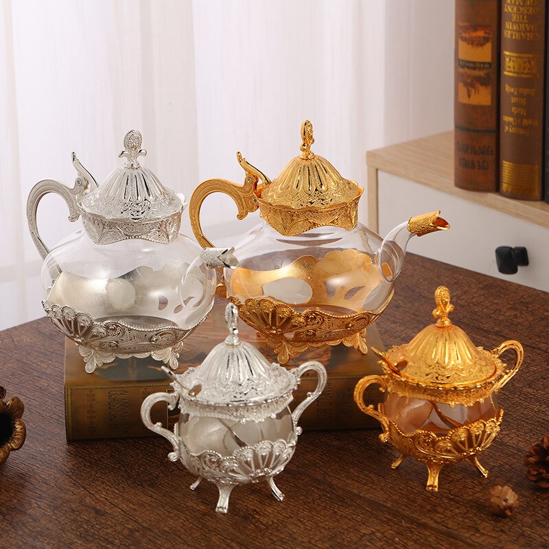 Europese Stijl Elegante Legering Glas Koffie Pot Suiker Cup Exquisite Hol Gesneden Huishoudelijke Pot Cup Ornamenten