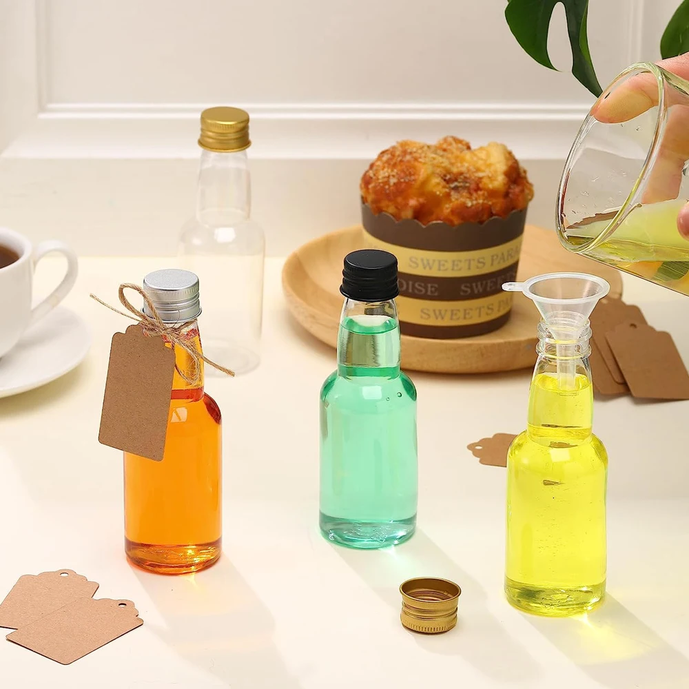 12 Stück Mini-Schnapsflaschen aus Kunststoff, kleine Schnapsflaschen, leere Mini-Alkoholflaschen, Partygeschenke, Hochzeiten, Silber-/Goldkappen für Reisen