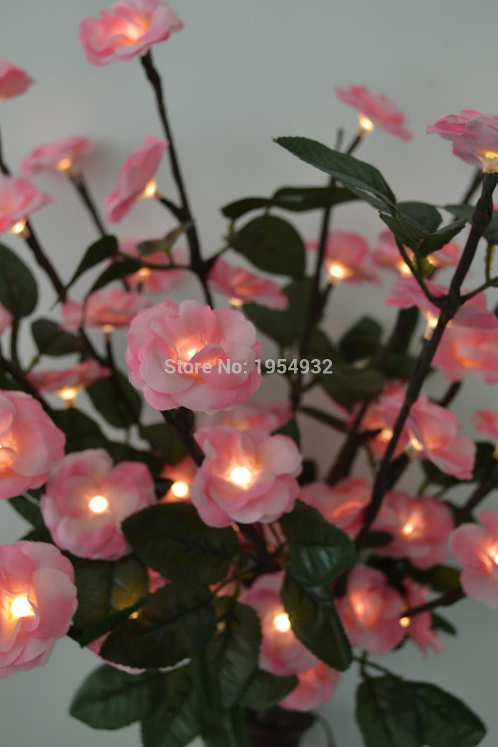 Battery 60 LED Blossom Rose Flower Branch Light in 20" with Green Leaf Decoration, 3V Voltage Timmer Battery Box