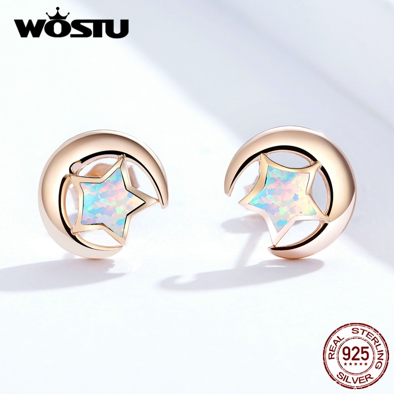 Wostu 925 Sterling Zilver Kleurrijke Star Opal Rose Gold Stud Oorbellen Voor Vrouwen Wedding Oorbellen 925 Sieraden CQE816-C