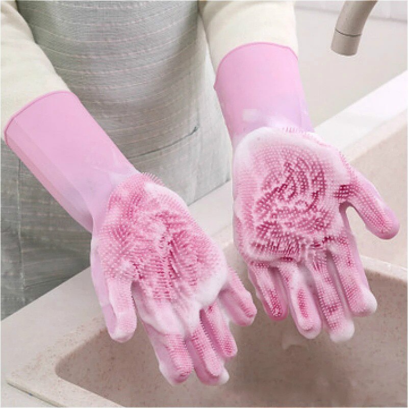 Guantes de goma para limpieza de lavavajillas, manoplas mágicas de silicona para lavar platos, estropajo para el hogar, cocina, herramienta de limpieza, 1 par