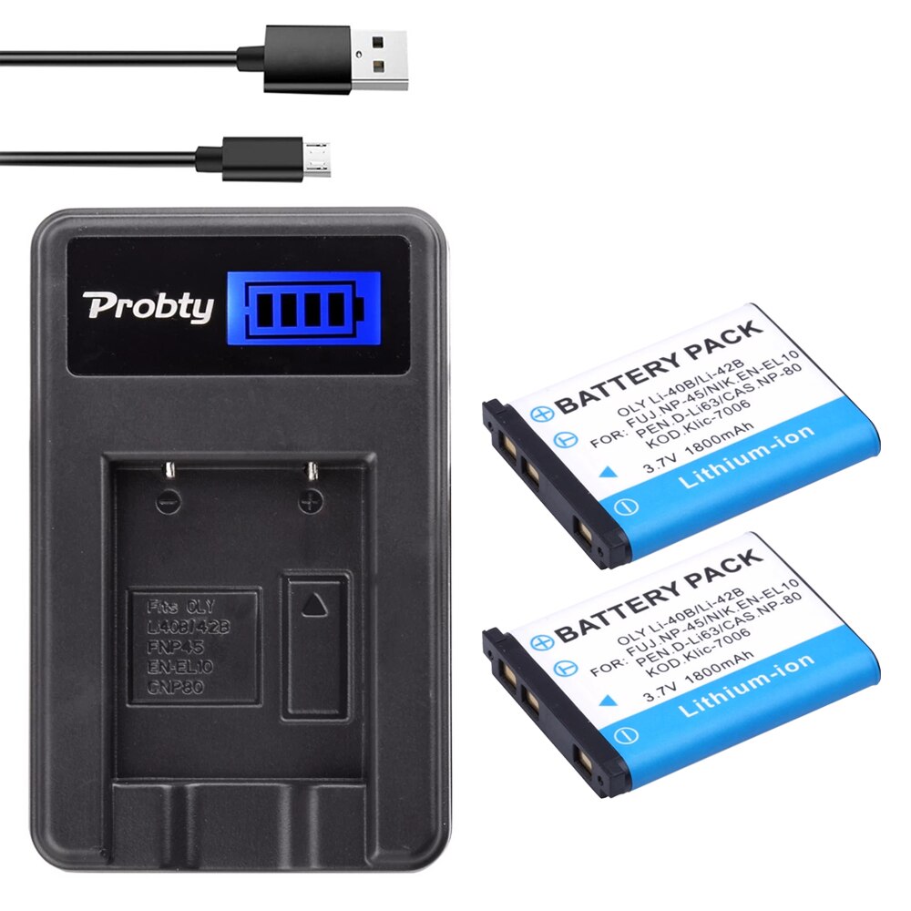 1800mAh Li-40B Li-42B EN-EL10 Batterie + LCD Ladegerät für Olympus Li 40B 42B, Nikon EN EL10, finePix XP70 XP60 XP50 T550: 2BatteryWithCharger