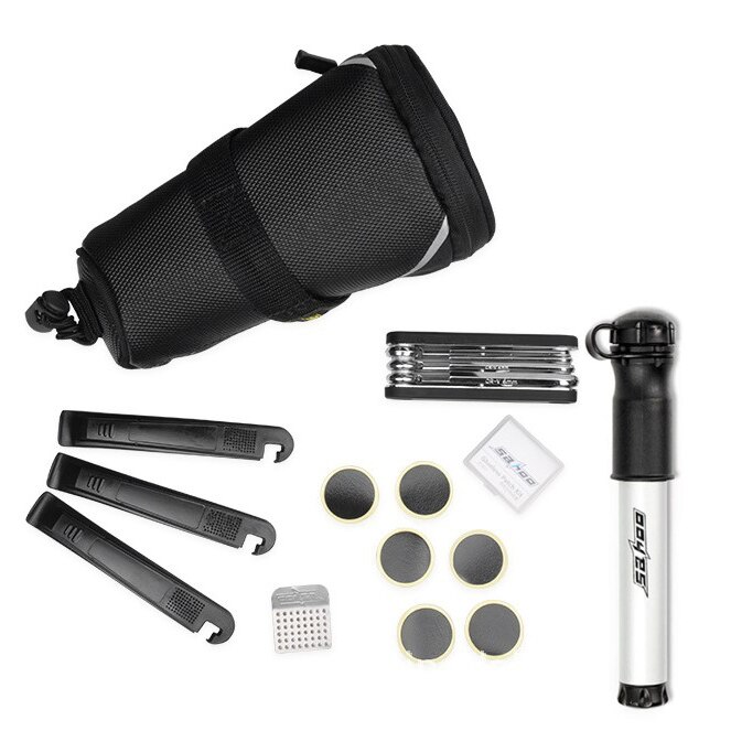 SAHOO Bike Repair Kit - Saddle Bag, Mini Pump, Tire Inflator, Chain Tool, Breaker Bar
