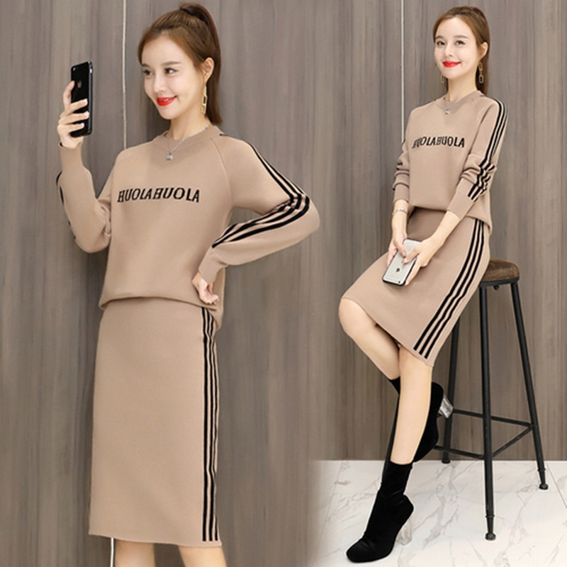Women's Knit Sweater Dress Set - Long Sleeve O-Neck Pullover + Elastic Waist Mid-Calf Skirt