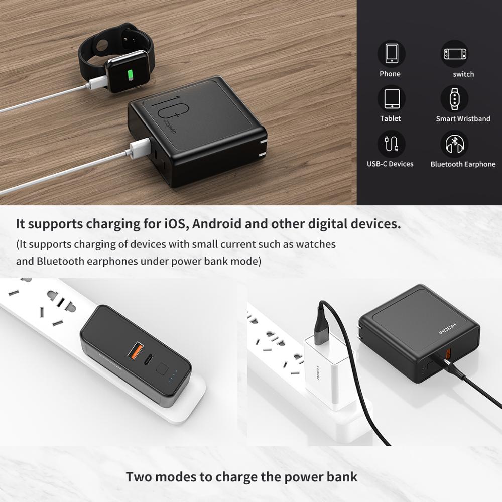 ROCK 18W PD Fast Power Bank 10000mah EU Foldable 2 in 1 PD 3.0 QC 3.0 USB Type C Charger Charging Powerbank External Battery
