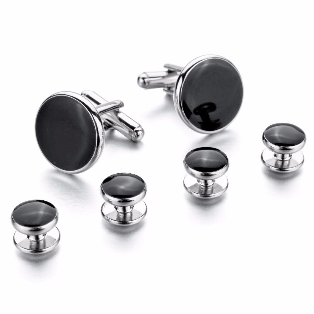 Men Showing Shirt Men Business Rhodium-Plated Enamel Cufflinks Black Gold-Tone Stud Set Tuxedo