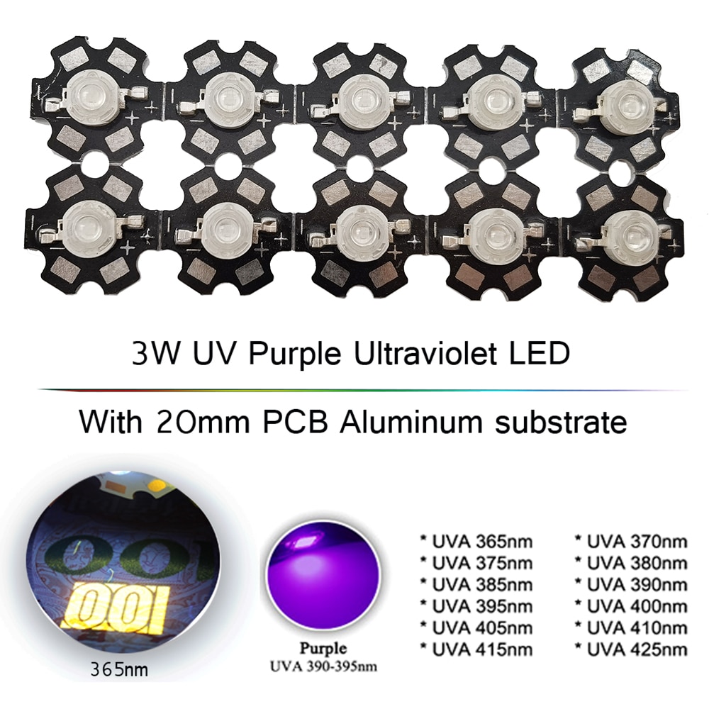 3W UV Purple LED Ultraviolet Bulbs Lamp Chips 365nm 375nm 380nm 385nm 395nm 405nm 410nm 420nm with 20mm PCB Aluminum substrate