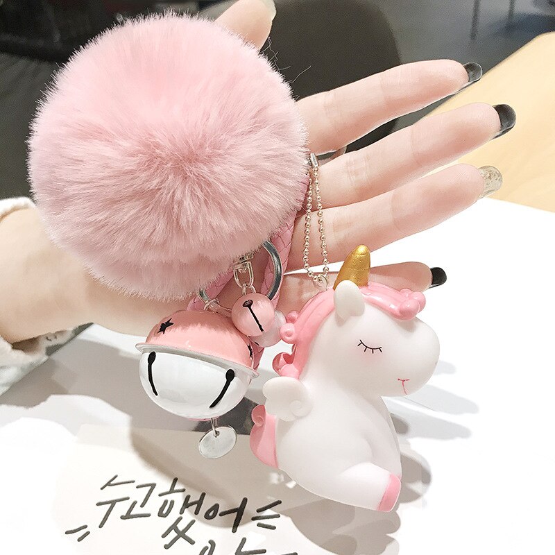 hiver coloré ceinture corde pompon lapin fourrure boule licorne avec cloches moelleux lapin porte-clés femmes sac pendentif voiture porte-clés: Pompom1
