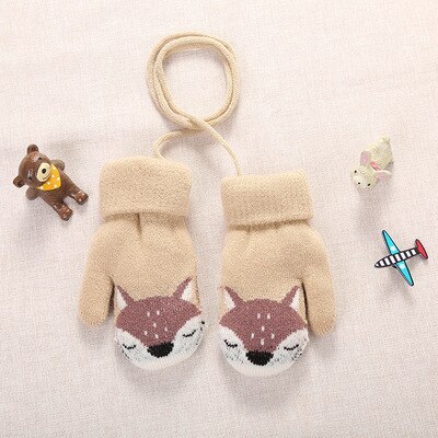 Kinder Kid Fäustlinge Winter Fuchs Gestrickte Seil Handschuhe Gedruckt Volle Finger Handschuhe Cartoon Kinder Kleinkind Kinder Hängen Neck Handschuhe: Khaki