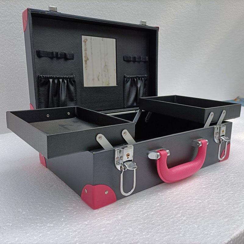 Maleta de maquillaje para mujer, Maleta bonita de varios pisos con cerradura bordada, caja de herramientas de aseo, Valise, color negro