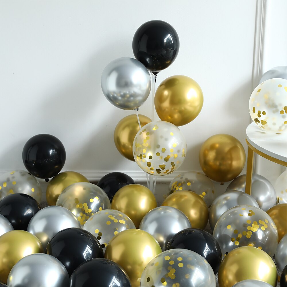 10x Luftballons Set 12 Zoll – Schwarz & Silber Mit Konfetti Für Geburtstag & Hochzeit