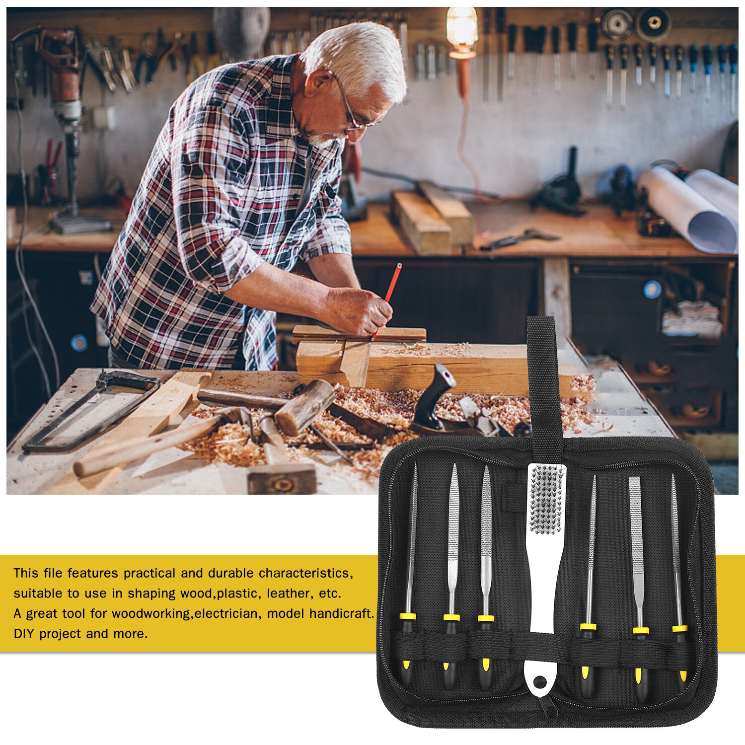 Set van 7 vijlen, inclusief 1 borstel, 1 vierkante/ronde/halfronde/driehoekige vijl, 2 platte vijlen met tas, gereedschap voor het vormen van hout