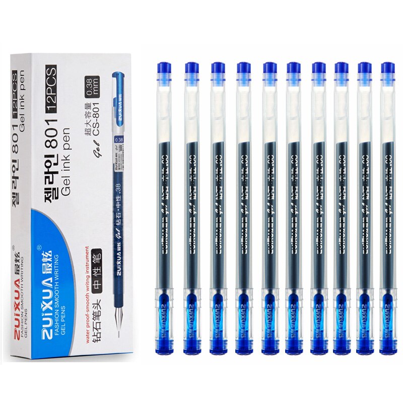 ZUIXUA 12pcs Gel Pen 0.38mm Black Blue Red Ink Pens Large Capacity Writing Smooth School Student Pens Office Stationery: 12pcs 0.38mm Blue