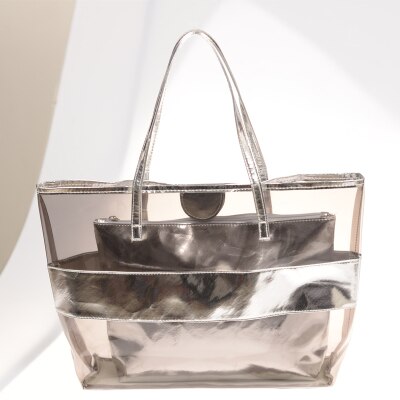 Zomer Vrouwelijke Tas Handtas Mode Transparante Strand Broodje Moeder Tas Jelly Schoudertas Gratis Masker 1Ps: Silver