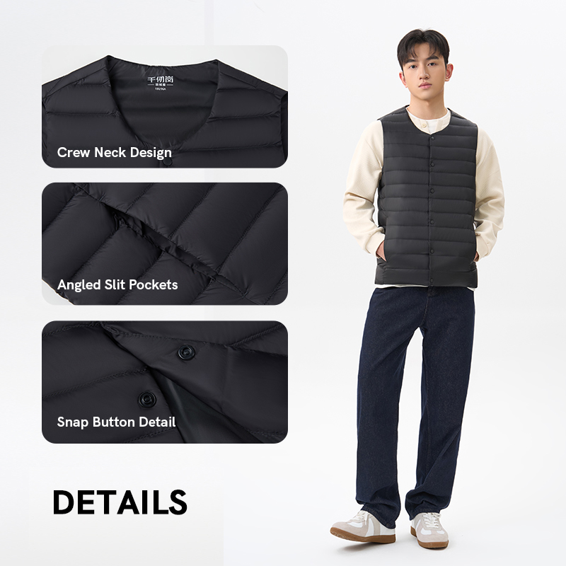 Chericom Men's Lightweight Duck Down Vest Stand Collar Sleeveless Puffer Jacket Solid Color Thermal Layer for Winter Y309955N