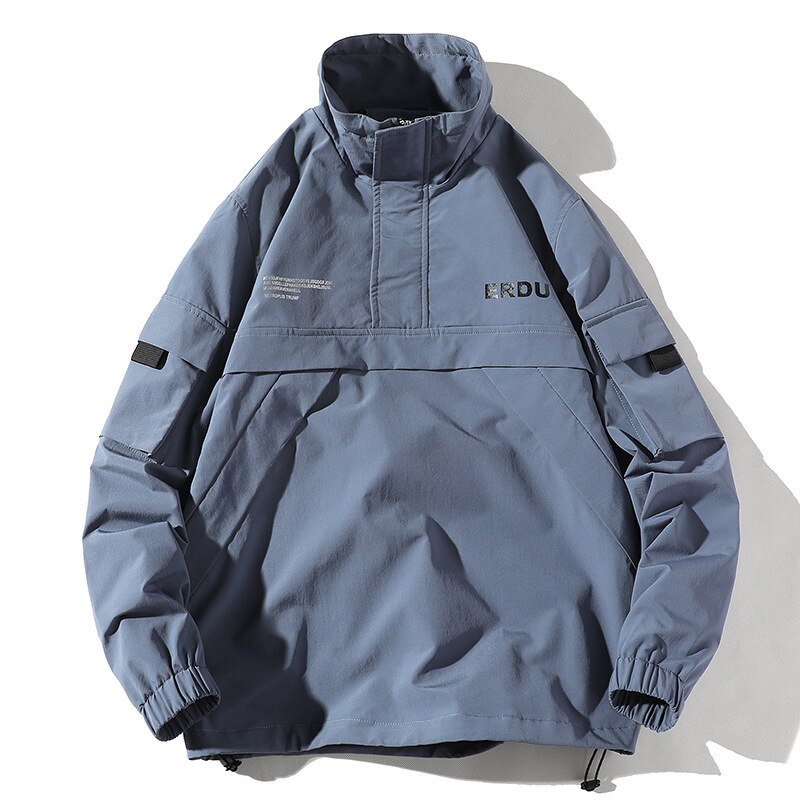 Män hip hop streetwear jacka rock retro färgblock patchwork harajuku jacka vindjacka oversized jackficka: Blå / L