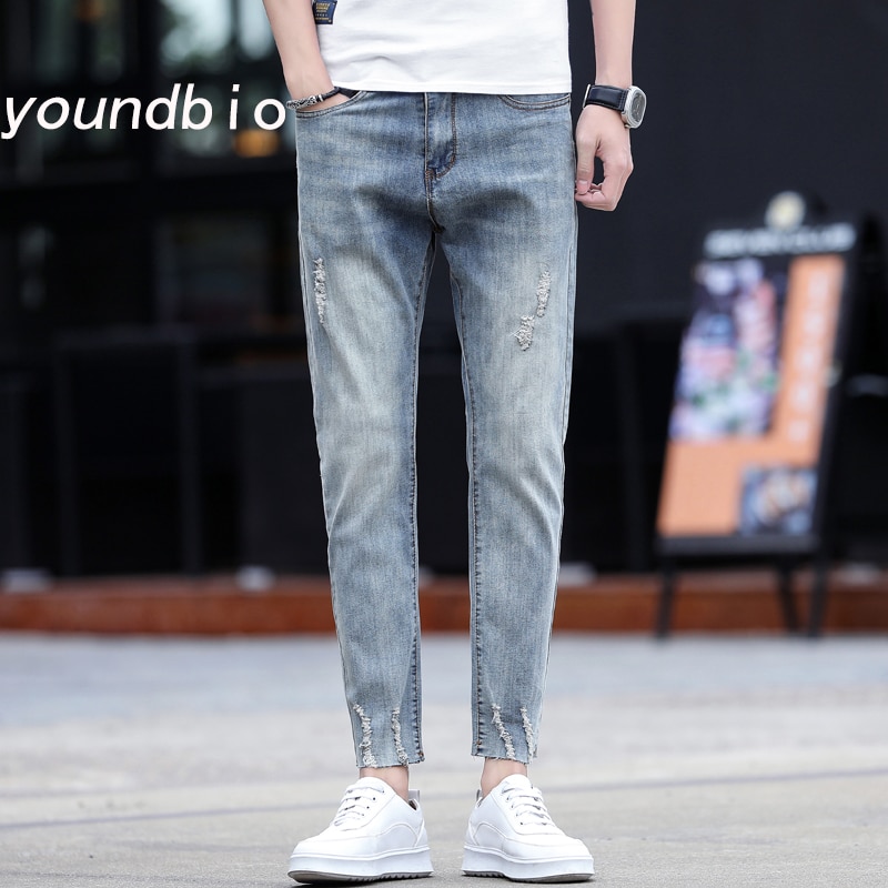 Jeans Ripped Jeans Men's Slim-Fit Retro Washed Casual Pants Street Style High Street Men's Pants Tide 3013