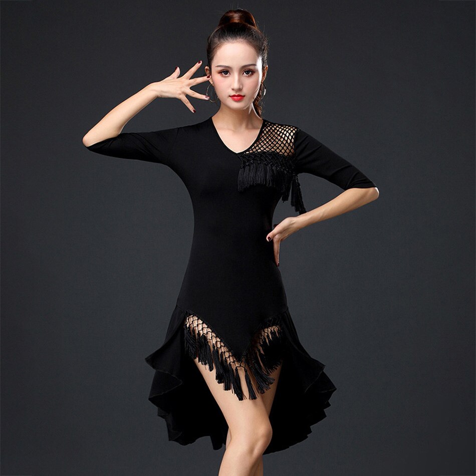 Vrouwen Latin Ballroom Dance Dress Professionele Kant Patchwork Sides Split Swing Jurken Onregelmatige Tango Chacha Dancewear