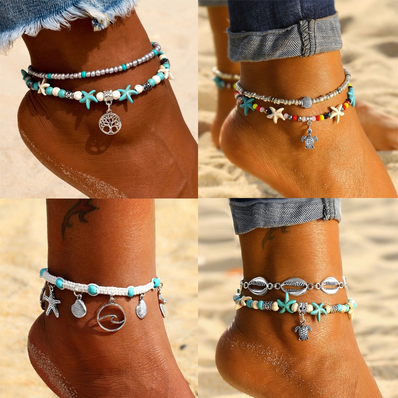 FNIO Jahrgang Hülse Perlen Fußkettchen für Frauen Seestern Meer Schildkröte Multi Schicht Fußkettchen Bein Fuß Armbinde Handgemachte Bohemien Schmuck