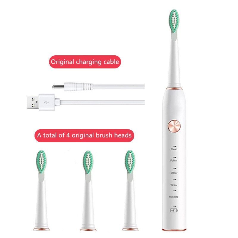 VIP Powerful Ultrasonic Sonic Electric Toothbrush USB Rechargeable Tooth Brush Adult Electronic Washable Whitening Teeth Brush: YS003-White 4 heads