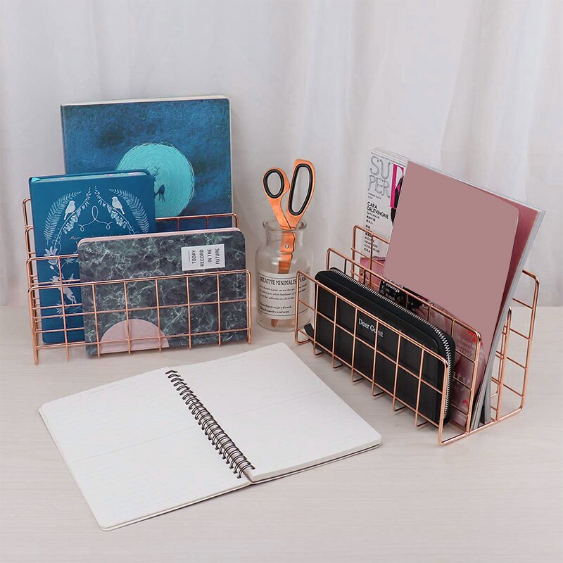Mail Organizer, 3-Slot Mail Holder, Metal Wire Mail Sorter for Letters, Mails, Books, Postcards and More, Pack of 2, Rose Gold