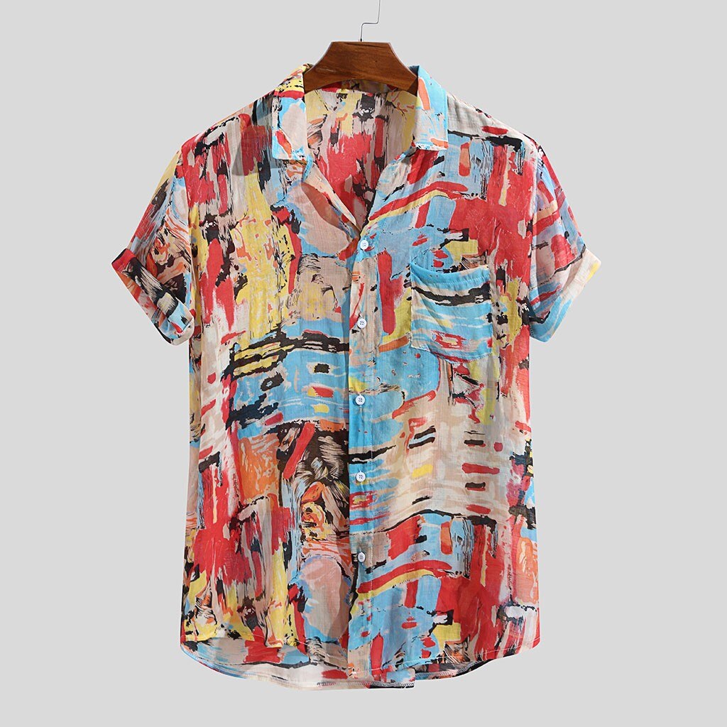 KANCOOLD Shirt Mens Summer Breathable Colorful Printing Loose Turn Down Collar Short Sleeve Pocket Shirt Top shirts for men Jun2: M