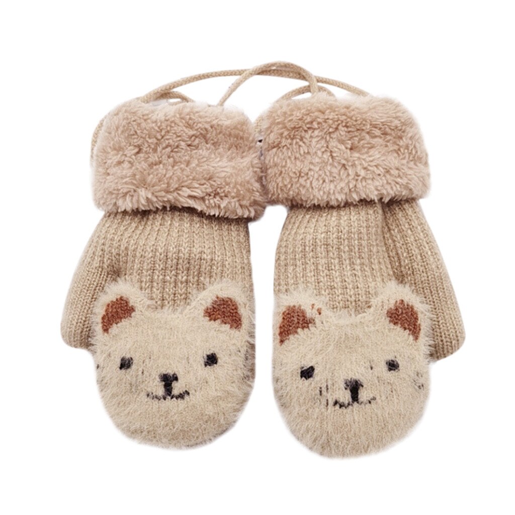 2-7Y Kinder Fäustlinge Kinder Gestrickte Wolle Plus Samt Handschuhe Cartoon Bier Baby Jungen Mädchen Volle Finger Warme Handschuhe Halten mit seil: Beige
