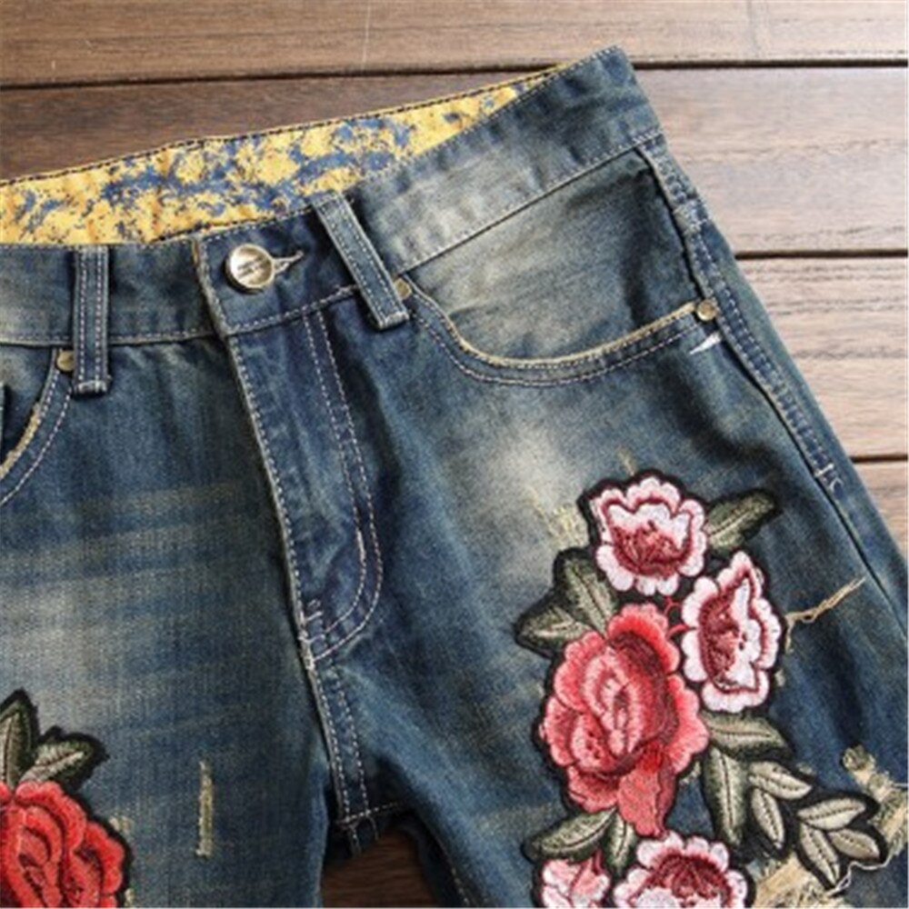 Autumn Straight Leg Slim Jeans Embroidered Rose Tide Pants Classical Retro Ripped Denim Trousers Clothing