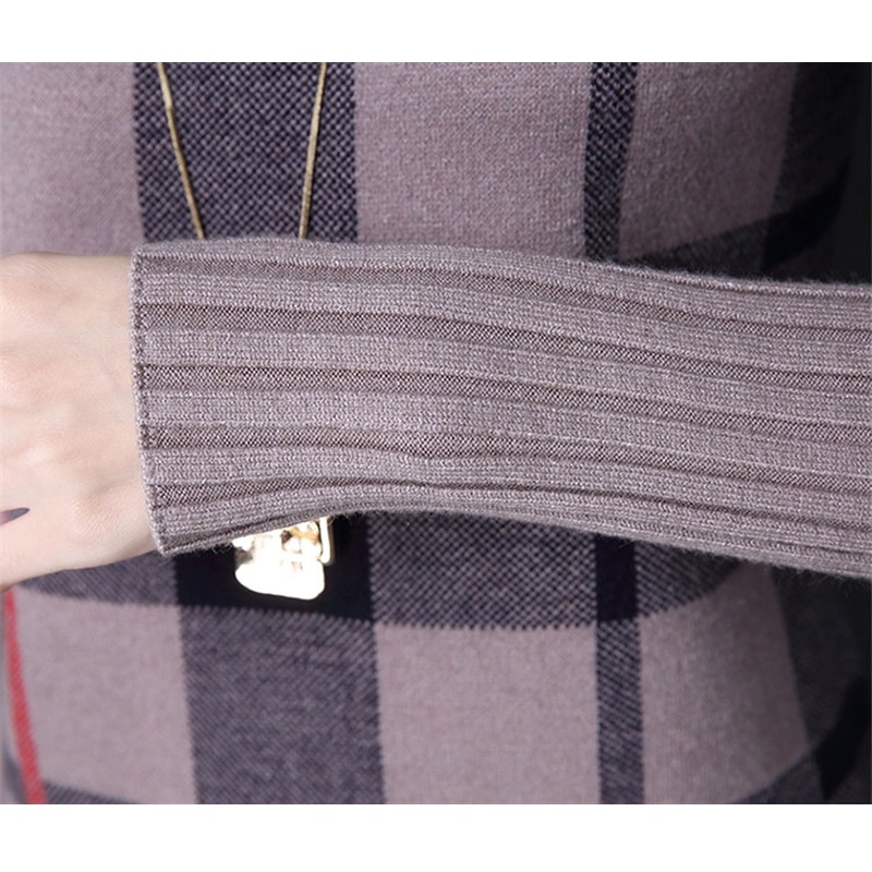 Women Autumn Winter Dress Turtleneck Long Sleeve Plaid Knitted Sweater Dress Female Loose Sweaters Pullovers Dress 315