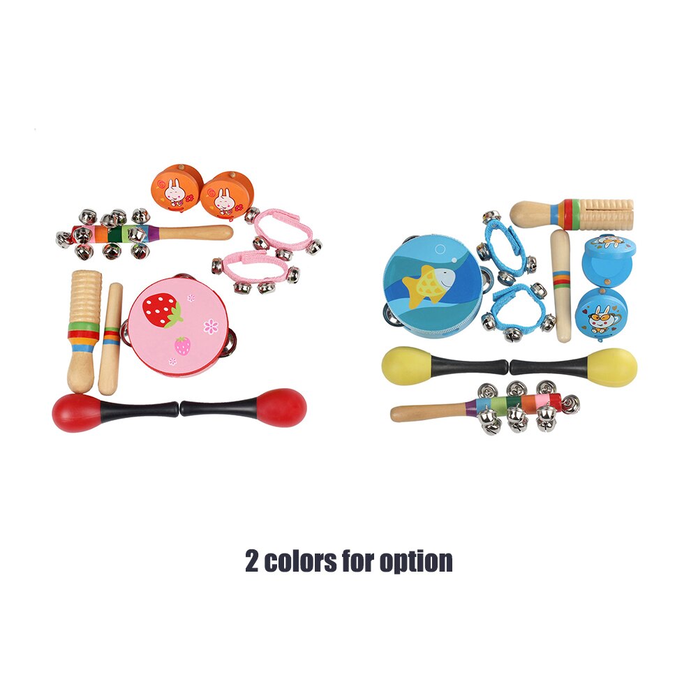 Neue 10 teile/satz Musical Spielzeug Orff-instrumente Sets Band Rhythmus Kit Einschließlich Tamburin Maracas Kastagnetten Handbells für Kinder