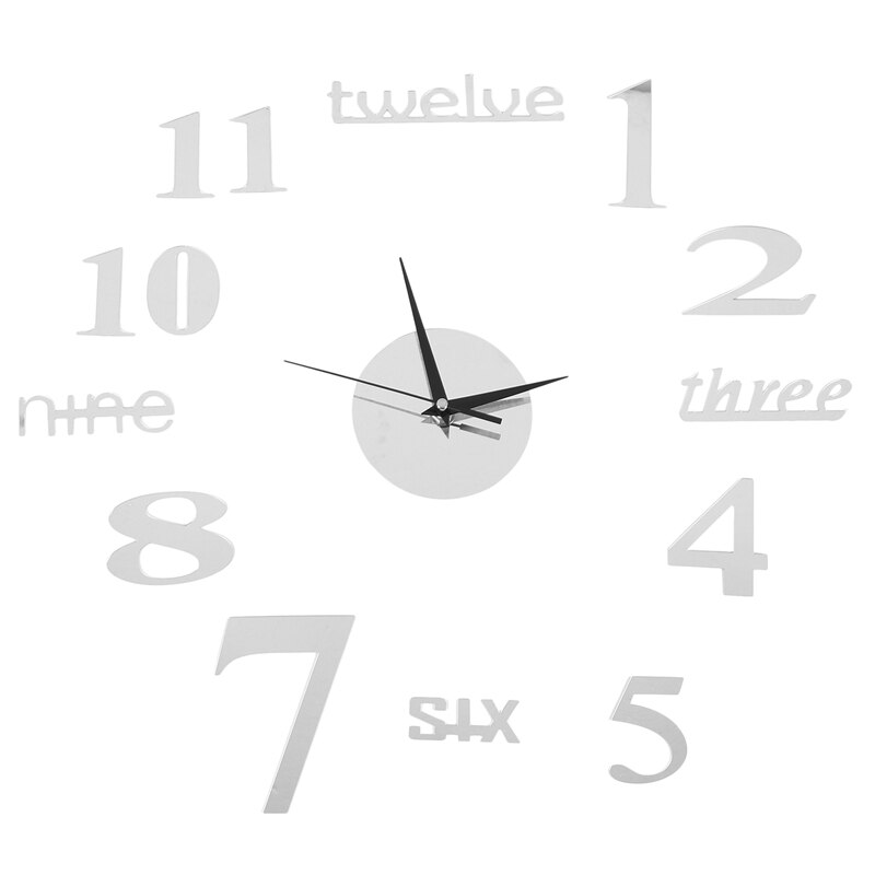 3D Large Wall Clock Mirror Sticker Big Watch Sticker Home Decor Unique DIY: Silver