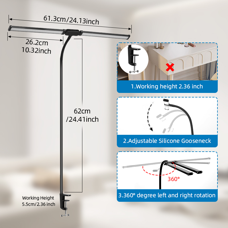 Clip LED Table Lamp Monitor Light Stand, 3 Modos de Cor, 10 Dimmable Reading Lights para Estudo, Escritório, Double Head Desk Lamp