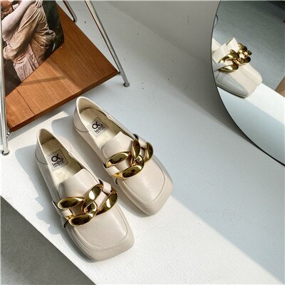 Neue Winter Socofy Plüsch Goldene Kette Leder Wohnungen Schuhe Zehe Slip Auf Frauen Müßiggänger Mokassins: WHITE / 5