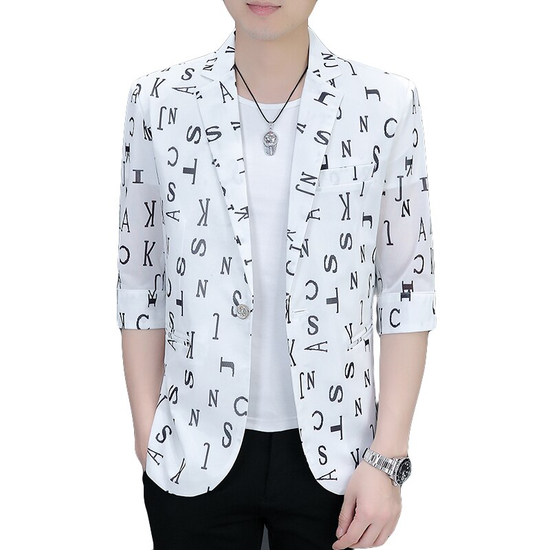 2022 Summer Letter Printed Men Blazers 3/4 Sleeve Casual Suit Jacket Wedding Business Social Dress Coat Casual Slim Blazer
