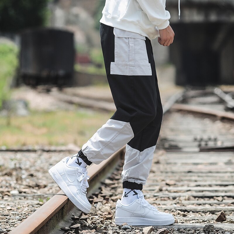 Hiphop Heren cargo broek met veel zakken Patchwork pantalones Zwart legergroen Blauw enkellange Lente Herfst