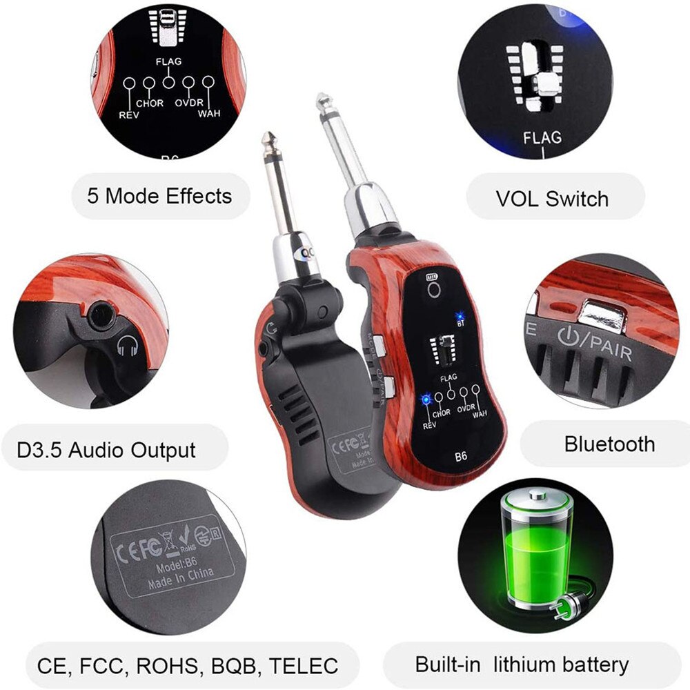 Mini amplificador de auriculares para guitarra eléctrica, transmisor inalámbrico de 5 Efectos, Audio de 6 canales para bajo eléctrico