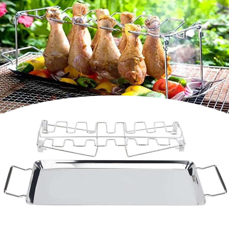 Foldable Stainless Steel BBQ Rack Chicken Leg Grilled Rack Roaster With Drip Pan Barbecue Accessories Dessert BBQ Tool