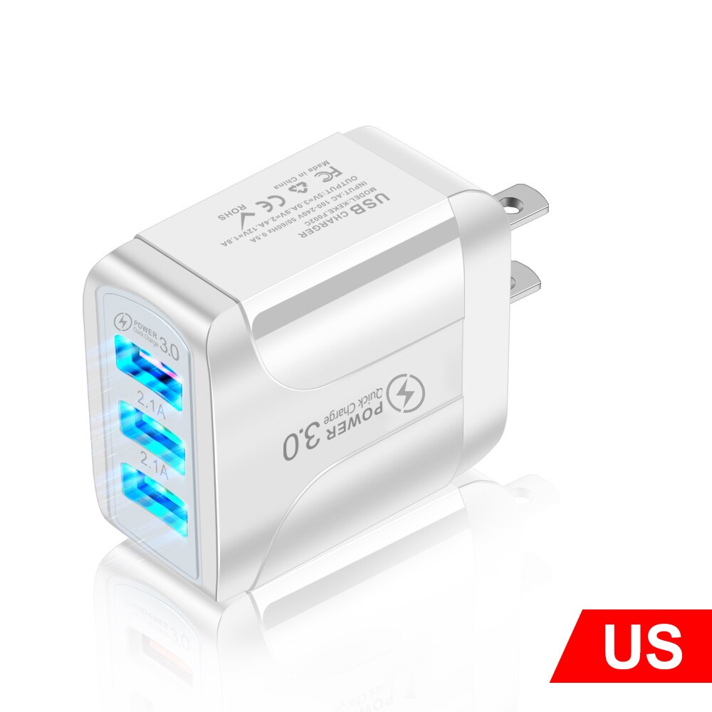 Quick Charge 3.0 Usb Lader Adapter Voor Iphone 11 Pro Max Xiaomi Eu Plug 3 Poorten Usb QC3.0 Snel Opladen mobiele Telefoon Oplader: White US